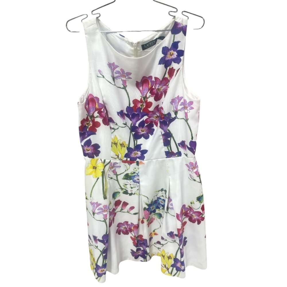 Lauren Ralph Lauren White Floral Abstract Print Sleeveless Aline Dress Size 14